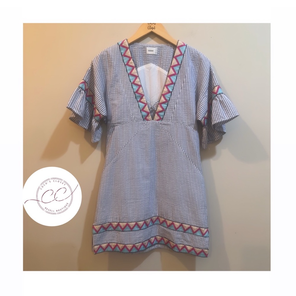 SUBOO Striped Mini Kaftan V-Neck Dress with Ruffle Sleeves